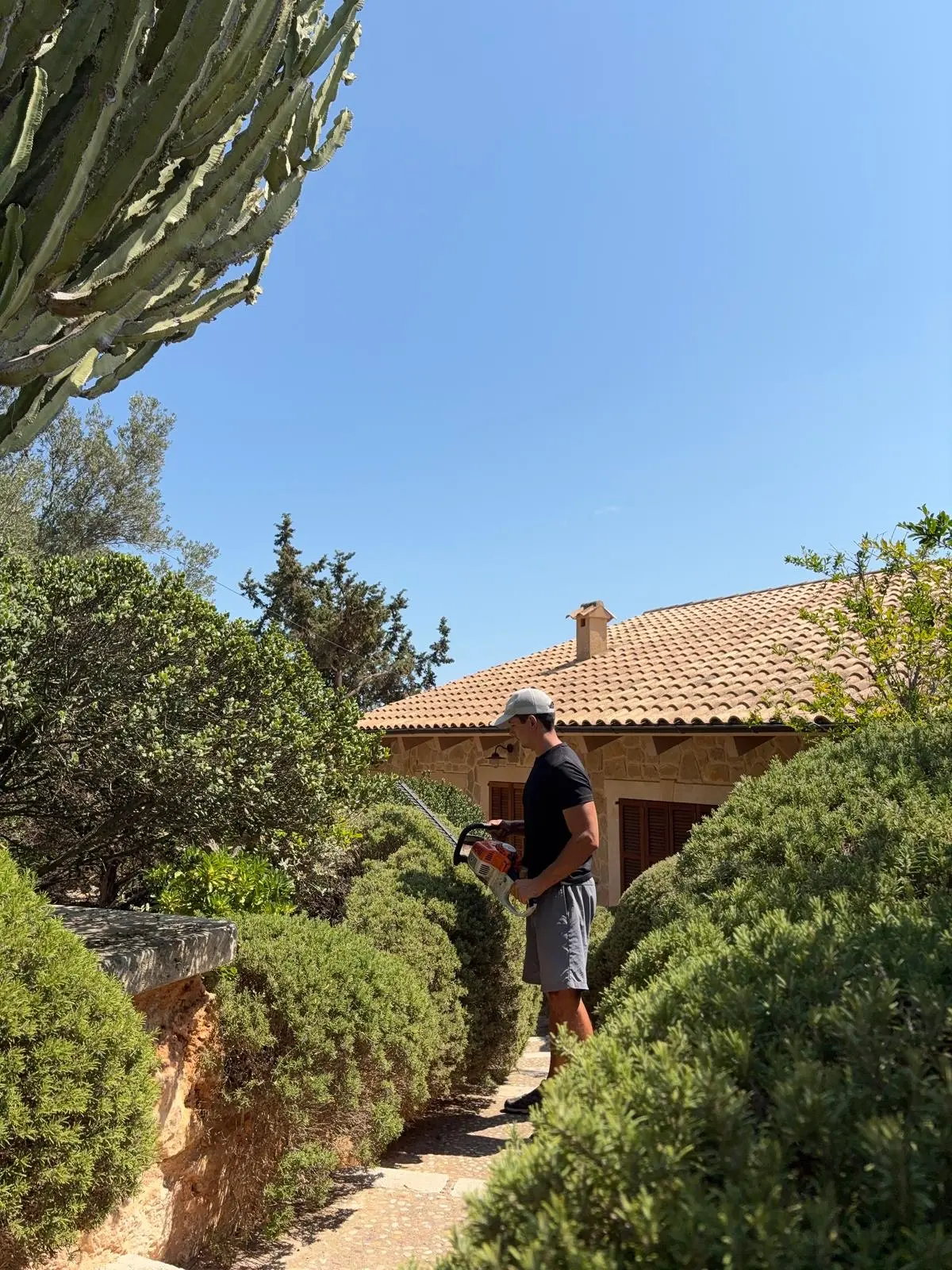 Jardinero realizando mantenimiento de jardín en Mallorca
